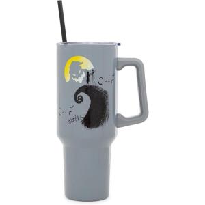 Silver Buffalo Peanuts Featuring Snoopy and Woodstock Feelin’ Groovy Double Walled Stainless Steel Tumbler with Handle and Straw, Fits in Standard Cup Holder, 40 Ounces(Nightmare Before Christmas Jack and Sally)