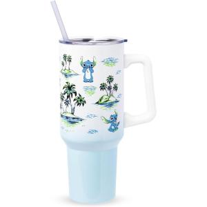 Silver Buffalo Peanuts Featuring Snoopy and Woodstock Feelin’ Groovy Double Walled Stainless Steel Tumbler with Handle and Straw, Fits in Standard Cup Holder, 40 Ounces(Lilo and Stitch Palm Tree Island Sketches)