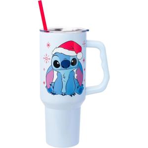 Silver Buffalo Peanuts Featuring Snoopy and Woodstock Feelin’ Groovy Double Walled Stainless Steel Tumbler with Handle and Straw, Fits in Standard Cup Holder, 40 Ounces(Stitch Wearing Santa Hat)