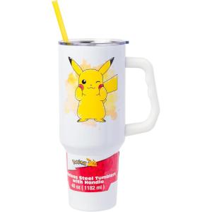 Silver Buffalo Peanuts Featuring Snoopy and Woodstock Feelin’ Groovy Double Walled Stainless Steel Tumbler with Handle and Straw, Fits in Standard Cup Holder, 40 Ounces(Pikachu Adorable Cheeks Pokemon)
