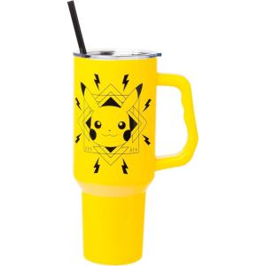 Silver Buffalo Peanuts Featuring Snoopy and Woodstock Feelin’ Groovy Double Walled Stainless Steel Tumbler with Handle and Straw, Fits in Standard Cup Holder, 40 Ounces(Pikachu Lightning Bolts Badge Pokemon)