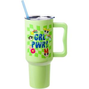 Silver Buffalo Peanuts Featuring Snoopy and Woodstock Feelin’ Groovy Double Walled Stainless Steel Tumbler with Handle and Straw, Fits in Standard Cup Holder, 40 Ounces(Powerpuff Girls Groovy Girl Power)