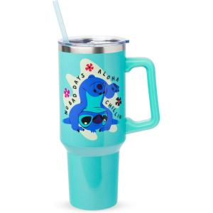 Silver Buffalo Peanuts Featuring Snoopy and Woodstock Feelin’ Groovy Double Walled Stainless Steel Tumbler with Handle and Straw, Fits in Standard Cup Holder, 40 Ounces(Disney Lilo and Stitch Chillin)