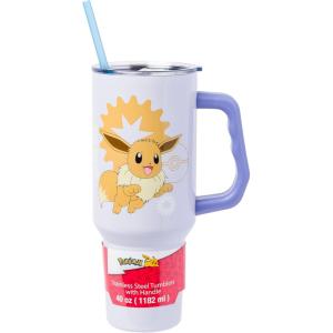 Silver Buffalo Peanuts Featuring Snoopy and Woodstock Feelin’ Groovy Double Walled Stainless Steel Tumbler with Handle and Straw, Fits in Standard Cup Holder, 40 Ounces(Eevee Pokemon)