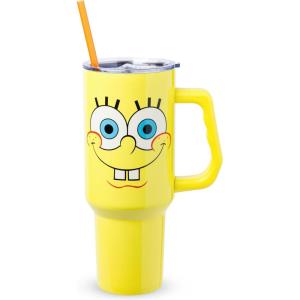 Silver Buffalo Peanuts Featuring Snoopy and Woodstock Feelin’ Groovy Double Walled Stainless Steel Tumbler with Handle and Straw, Fits in Standard Cup Holder, 40 Ounces(Spongebob Squarepants Smiling)