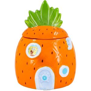 Silver Buffalo Peanuts Squad Featuring Charlie Brown, Snoopy, Schroeder, Lucy, Linus, Sally, Pigpen, Woodstock, and Franklin Glass Cookie Snack Candy Jar with Lid (Small)(Spongebob Squarepants Small (Ceramic Sculpted))