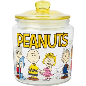 Silver Buffalo Peanuts Squad Featuring Charlie Brown, Snoopy, Schroeder, Lucy, Linus, Sally, Pigpen, Woodstock, and Franklin Glass Cookie Snack Candy Jar with Lid (Small)(Peanuts Squad Small (Glass))
