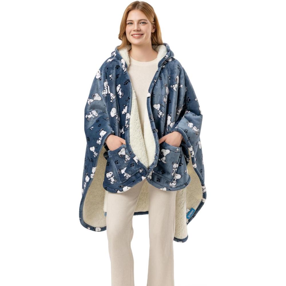 image:imageBerkshire Blanket Peanuts Sherpa Wearable Blanket Hoodie Cute Character Snoopy Plush Hooded Shawl BlanketPoses and Paws Blue Jean