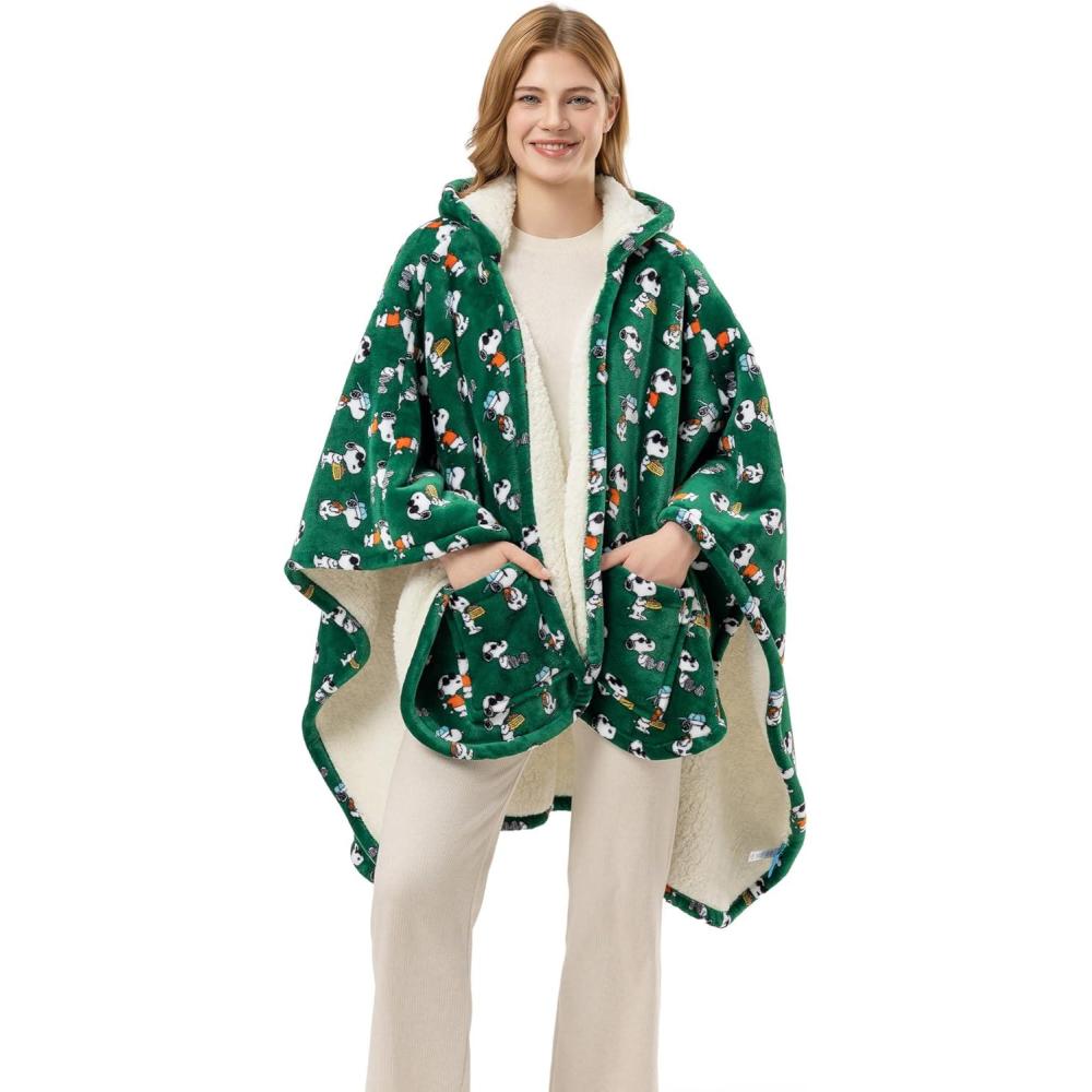 image:imageBerkshire Blanket Peanuts Sherpa Wearable Blanket Hoodie Cute Character Snoopy Plush Hooded Shawl BlanketSnoopy Too Cool Medium Green