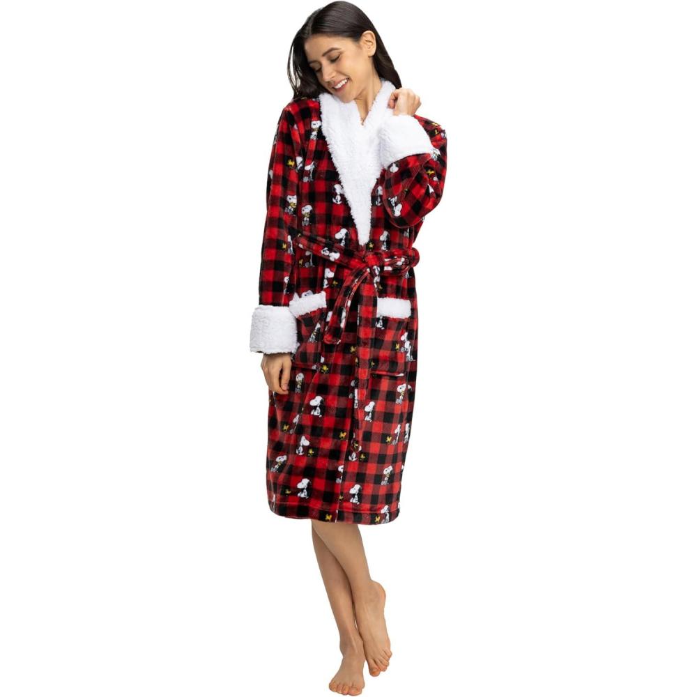 image:imageBerkshire Blanket Peanuts Snoopy Womens Warm Robe with Exclusive VelvetLoft Fabric and Sherpa CollarPeanuts Snoopy Everyday Buffalo Plaid Small Redblack