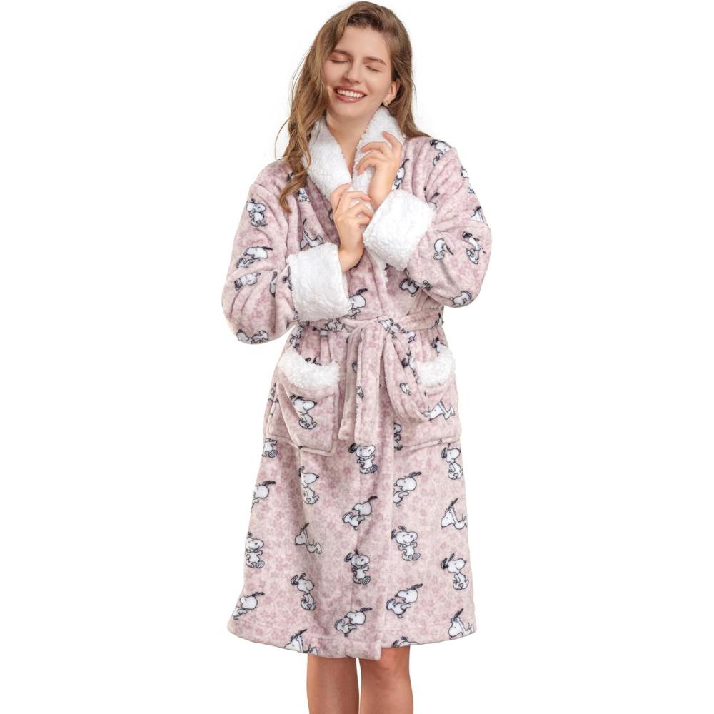 image:imageBerkshire Blanket Peanuts Snoopy Womens Warm Robe with Exclusive VelvetLoft Fabric and Sherpa CollarSpringtime Floral Dance Lounge Pink Champagne