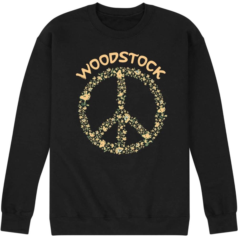image:imageHYBRID APPAREL  Peanuts  70s Retro Snoopy Mens Long Sleeve Fleece Crewneck SweatshirtWoodstock Peace Sign  Black