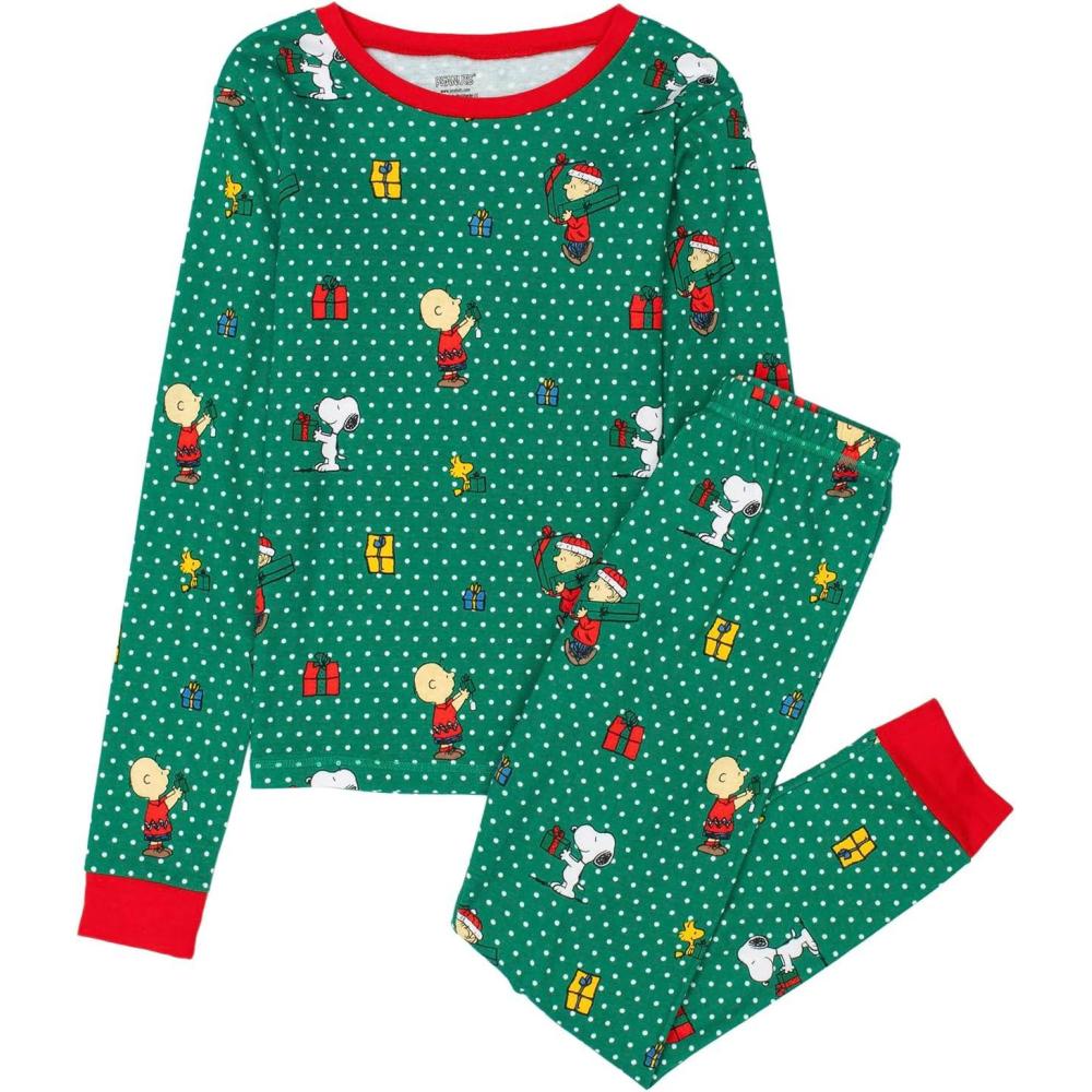 image:imagePeanuts Snoopy Family Matching Pajamas Comfy PJs Sleepwear 2Piece Sets for ChristmasKids Green Polka Dot