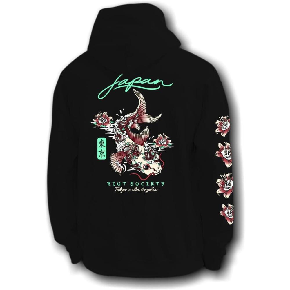 image:imageRiot Society Mens Graphic or Embroidered Hoodie Hooded SweatshirtJapan Koi Tattoo 20 Black