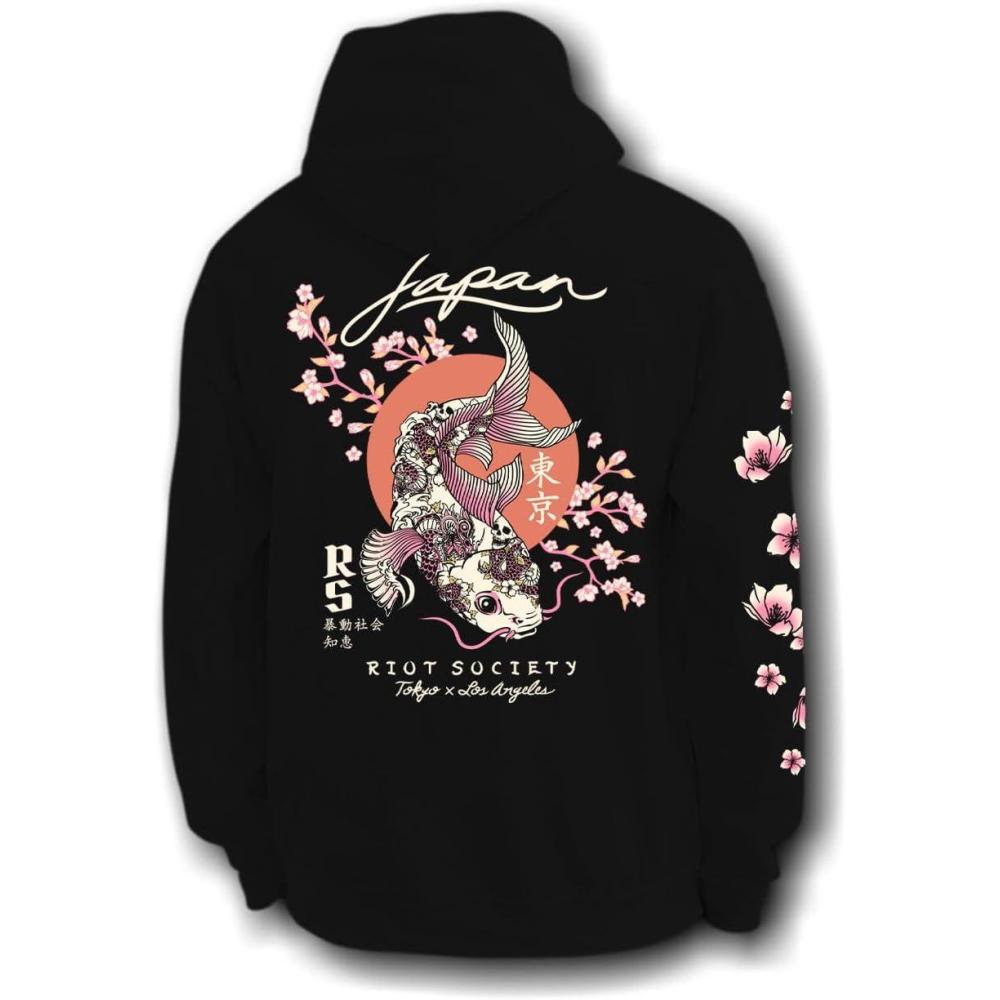 image:imageRiot Society Mens Graphic or Embroidered Hoodie Hooded SweatshirtJapan Koi Tattoo Blossom V2 Black