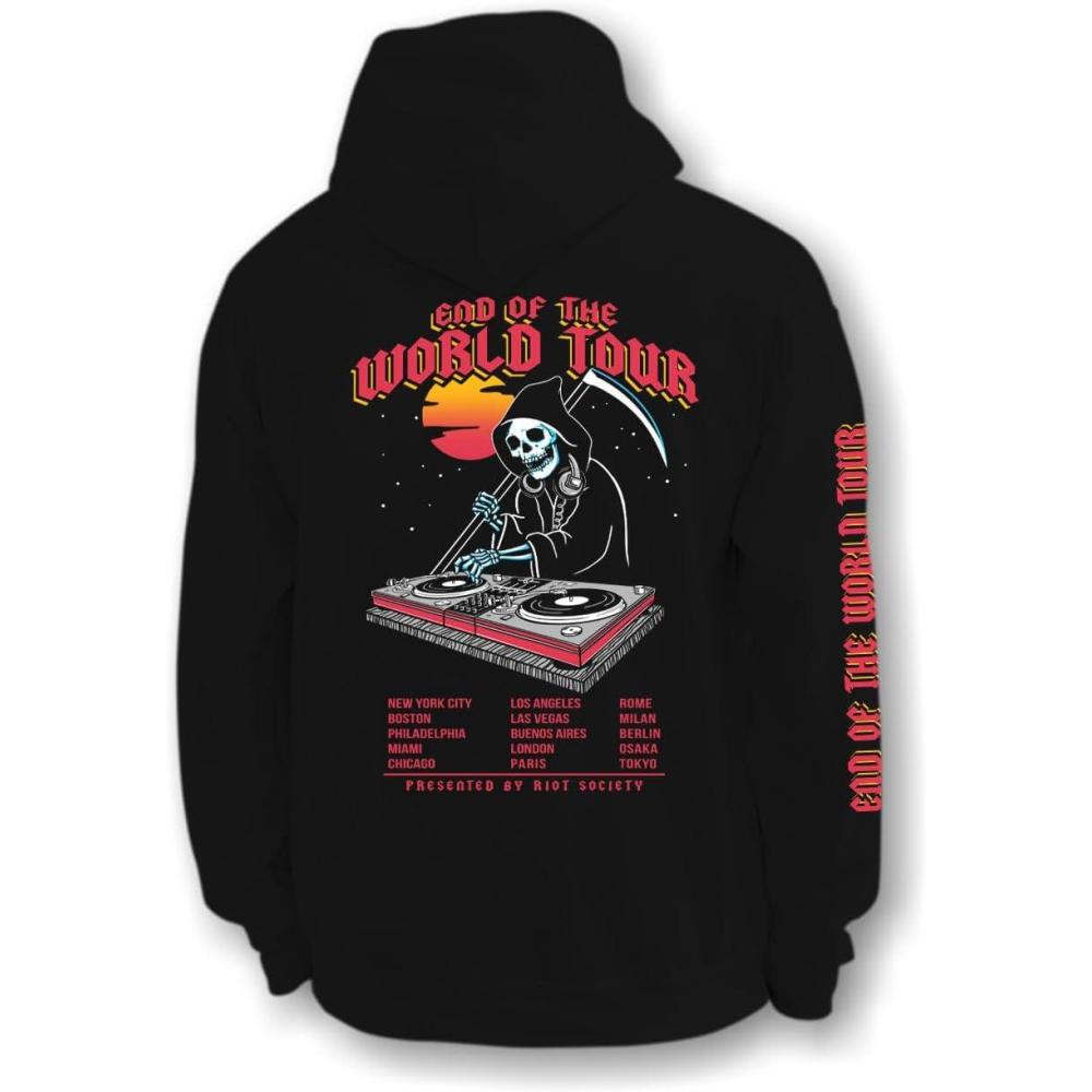 image:imageRiot Society Mens Graphic or Embroidered Hoodie Hooded SweatshirtReaper Dj End of the World Tour Black