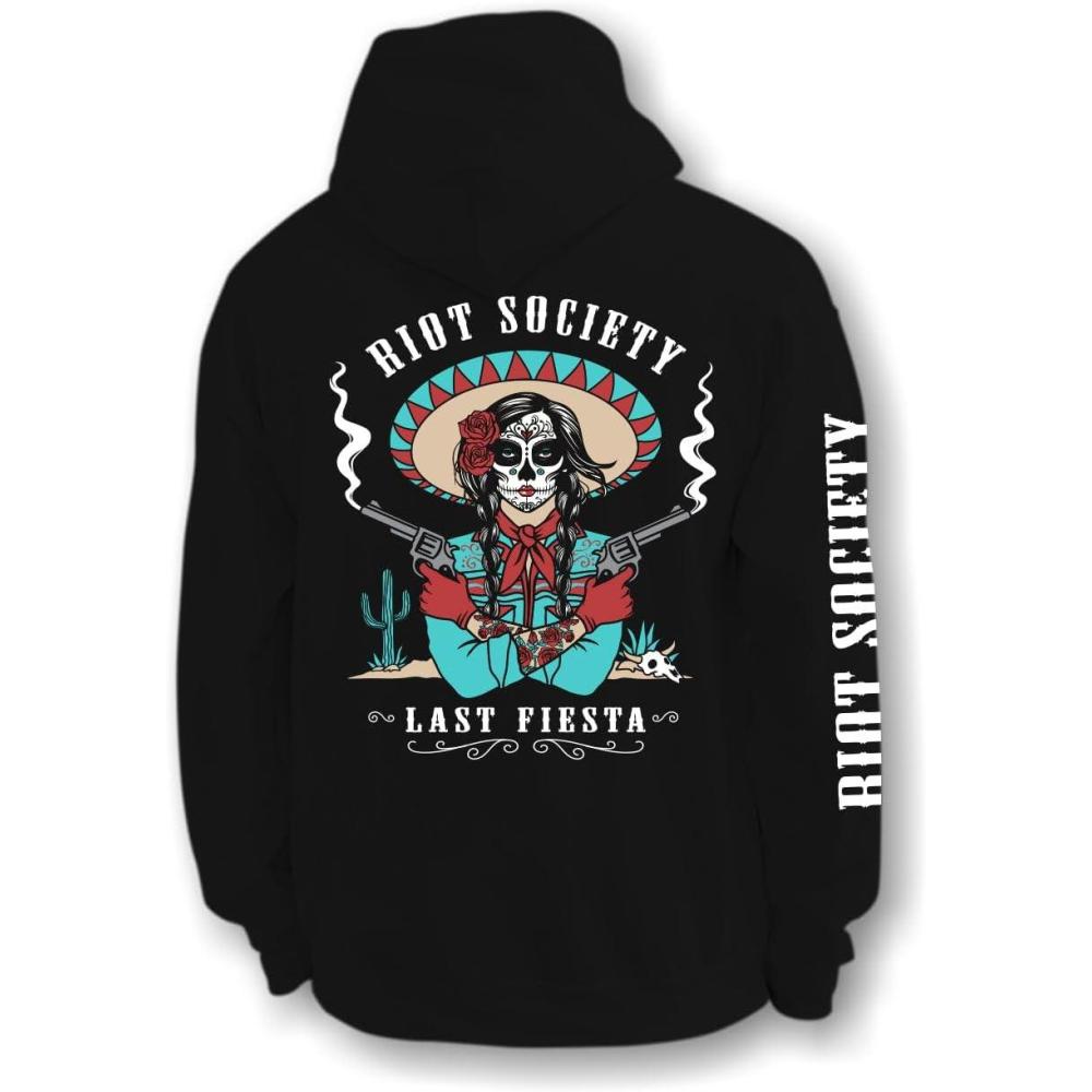image:imageRiot Society Mens Graphic or Embroidered Hoodie Hooded SweatshirtThe Last Fiesta Vaquera Cowgirl Black