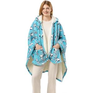 Berkshire Blanket Peanuts® Sherpa Wearable Blanket Hoodie, Cute Character Snoopy Plush Hooded Shawl Blanket(Moods of Snoopy Medium Lounge Light Blue)
