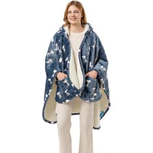 Berkshire Blanket Peanuts® Sherpa Wearable Blanket Hoodie, Cute Character Snoopy Plush Hooded Shawl Blanket(Poses and Paws Blue Jean)