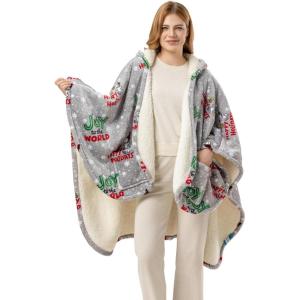 Berkshire Blanket Peanuts® Sherpa Wearable Blanket Hoodie, Cute Character Snoopy Plush Hooded Shawl Blanket(Snoopy Holiday Block Words Grey)