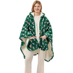 Berkshire Blanket Peanuts® Sherpa Wearable Blanket Hoodie, Cute Character Snoopy Plush Hooded Shawl Blanket(Snoopy Too Cool Medium Green)