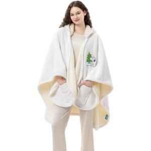 Berkshire Blanket Peanuts® Sherpa Wearable Blanket Hoodie, Cute Character Snoopy Plush Hooded Shawl Blanket(White)
