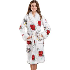 Berkshire Blanket Peanuts® Snoopy Women’s Warm Robe with Exclusive VelvetLoft® Fabric and Sherpa Collar(Be Merry & Bright Lights White)