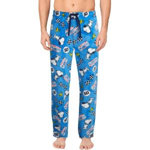 COCO BRANDS Mens Pajama Pants – Peanuts Snoopy Pajamas Breathable Soft Stretch Pajama Bottoms Sleep Pants for Men(Baby Blue Snoopy License Plate Racing Flag Toss)