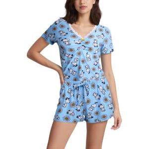 COCO BRANDS Peanuts Women’s Pajama Shirt & Shorts Set with Cap Sleeve, Ruched, V-Neck Tee & Adjustable, Elastic Waistband(Snoopy & Daisies / Blue)