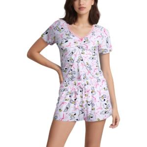 COCO BRANDS Peanuts Women’s Pajama Shirt & Shorts Set with Cap Sleeve, Ruched, V-Neck Tee & Adjustable, Elastic Waistband(Snoopy & Woodstock Bows / Pink)