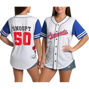 Peanuts Women’s Snoopy Baseball Jersey – Novelty Fashion Vintage Snoopy Shirt – Jersey Top for Women (S-XL)(White Snoopy 50)