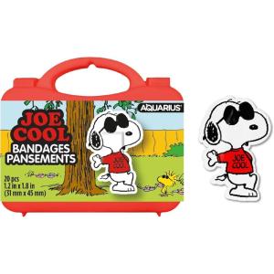 AQUARIUS Peanuts Joe Cool Adhesive Bandages – 20 Count Cartoon Snoopy Bandages in Travel Case, Kids First Aid Supplies, Latex-Free Nonstick Sterile Plaster for Minor Cuts, for Boys and Girls